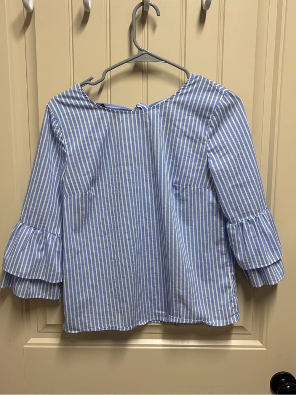 by & by Blue and White Striped Ruffle Sleeve Blouse